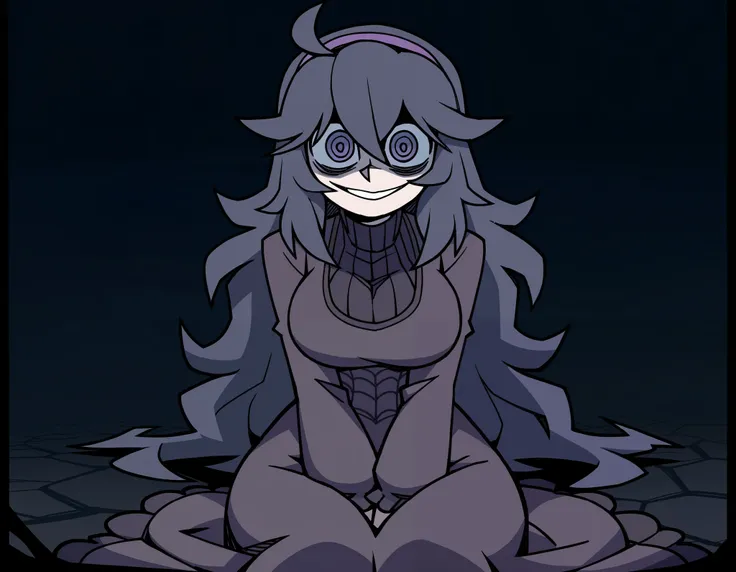 masterpiece,best quality, highres,vanripper,1girl, hex_maniac, sitting, dark background, gloomy, wide smile, evil giggle, looking at viewer, narrow eyes, large breasts, purple dress, v arms, yandere, shaded face, black fog, bags under eyes, 