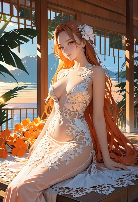 cool beauty, amorous and lewd expression, cortesy, elegance, dignity, shiny silky hair, captivating eyes, superlative body proportion, relax, resort cottage, the gentle orange colors of the morning glow, BREAK various effects, delicate and dynamic textures...