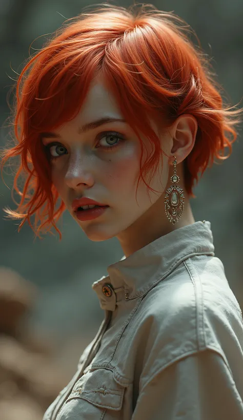 1girl, red hair, solo, earrings, jewelry, short hair, lips, looking at viewer, science fiction, planet, realistic, upper body, blurry

 (masterpiece:1.2), (best quality:1.2), (very aesthetic:1.2), (absurdres:1.2), (detailed background), newest, perfect ana...