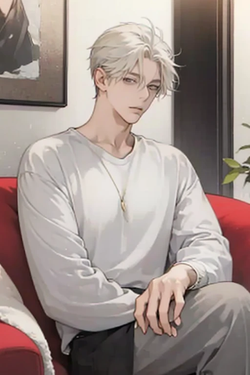 Anime male character rich sitting on a sofa