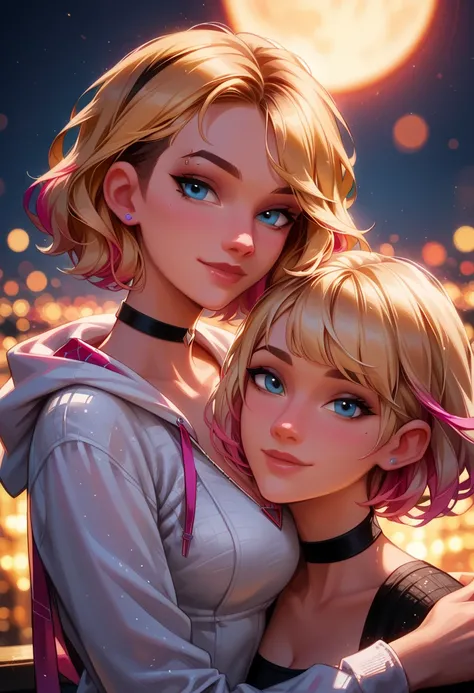 score_9, score_8_up, score_7_up, score_6_up, rating_questionable, 2girls, beautiful waifu, duo, couple, (short hair Gwen Stacy, blonde, colorful highlights, black choker:1.4), wearing (tiny shorts, wrap top, unbuttoned top, midriff, navel, knee socks:.4), ...