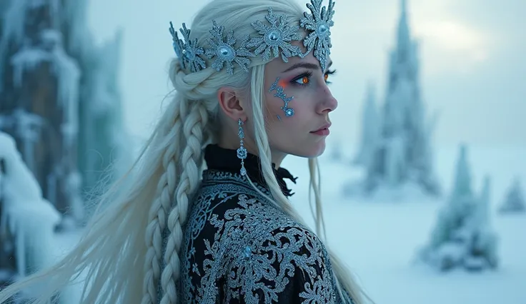 A majestic, ethereal ice queen with piercing orange eyes that seem to burn with an inner fire, adorned in intricately designed silver and black robes with delicate frost-like patterns, her long, snow-white braided hair cascading down her back like a river ...