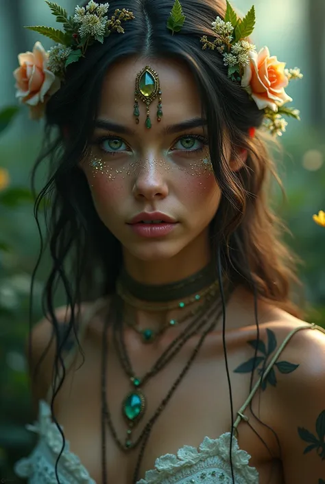  Photorealistic , cinematic, masterpiece,  top quality , super detailed, highly aesthetic , 1 girl,  close-up ,  looks at the viewer, forest background, twilight,  intricate facial tattoos ,  long flowing hair with flowers, glowing green eyes,  detailed ba...