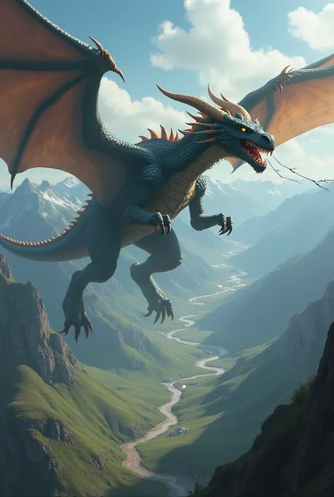 Draw a giant dragon flying over.