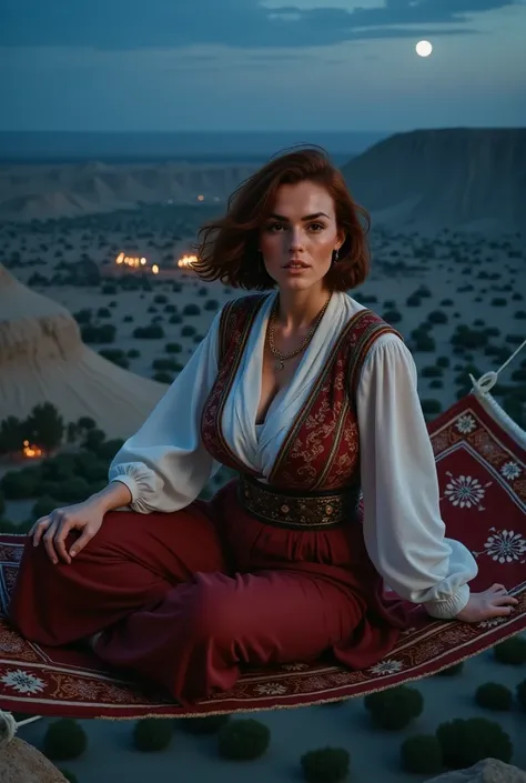 Photorealistic high-angle picture, cinematic, in the style of Arabian Nights, featuring a beautiful british woman sitting on a flying carpet. (dynamic pose:1.5) The carpet is flying high in the air. She has a faint smile, shes with brown eyes, downturned e...