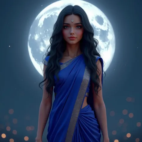 Photorealistic, High Details, Detailed Face. eyes and lips, A Girl Wearing Royal Blue Colour Saree, Long wavy hair, Standing Front Of Moon " Csdevdas " written in Sherif bold font , 3d image, 8k Masterpiece, Anatomically Correct, Best Quality, UHD, 