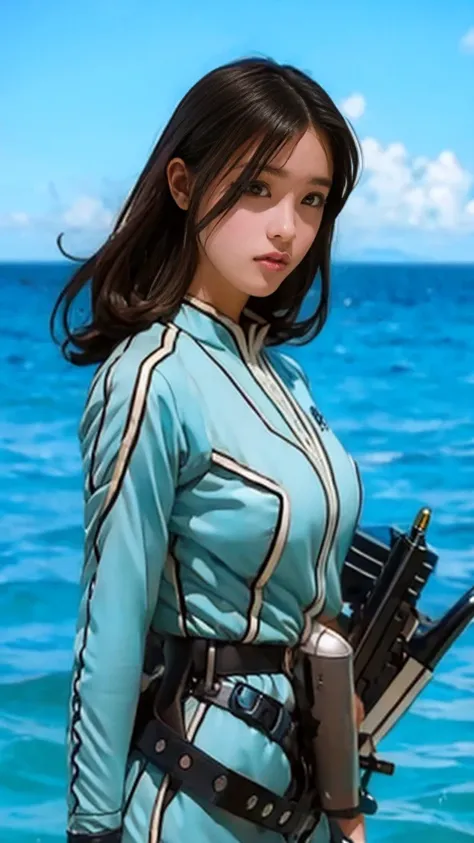 masterpiece,  best quality, Alone, 1 girl , look at the viewers,,  cowboy shooting alone,sea, anime style,
 Anne、ultra guard interogtor aircraft background、Bust is large