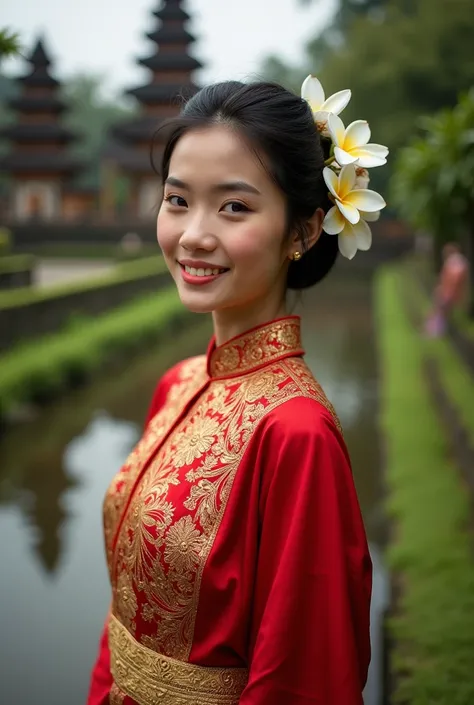 A young Balinese woman wearing a vibrant red kebaya adorned with intricate golden embroidery. She stands gracefully, wearing a kamen with traditional Balinese motifs and a golden sabuk prada around her waist. Her hair is styled in an elegant bun, decorated...