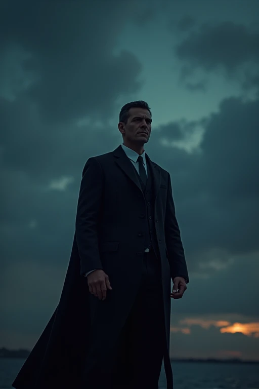 "A man determined to protect justice, standing firm and strong, with a background of a calm and dark night, realistic and ultra-high definition with a dramatic, bold tone."