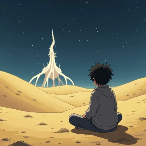 a character in a desert with large yellow dunes at night sitting on the sand looking at the sky. in the sky a large white fantasy-style structure the camera angle is at the characters waist realistic anime style