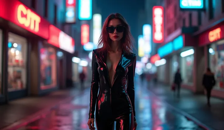 European , futuristic city of the future , the streets are deserted , neon light , a slender European-looking girl with abnormally huge size 7 breasts is walking down the street from the camera, she is wearing a latex tight suit, a deep neckline shoe with ...