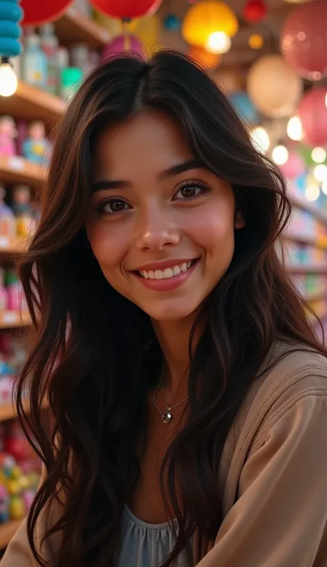  30-year-old Latin woman with long hair, In a toy store background ,  with a warm and loving expression . realistic. hiperrealistic