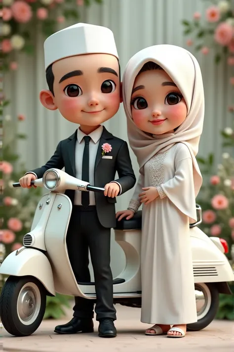 Realistic 4D caricature photo, big head, Indonesian-faced couple, 30-year-old man, clean face, round face, wearing a white Muslim cap, wearing a black suit, white shirt, black trousers, black leather shoes, 30-year-old woman, wearing a hijab, wearing a whi...