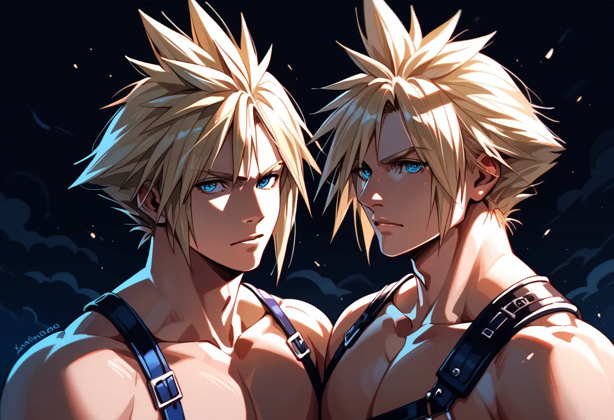 1 boy,cloud strife,final fantasy 7,(handsome),symmetry detailed face and eyes,nude,topless,chest harness,(dark background),(cine...