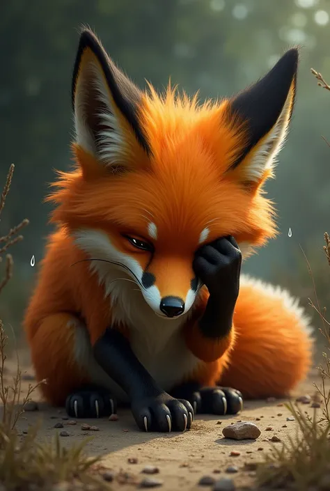 The crying fox clogging his eyes with his paw lying on the ground