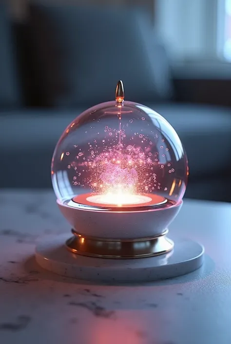 Design a futuristic and luxurious AI-powered device called ‘Aura Purifier,’ designed for mental wellness. The device is a sleek, high-tech glass orb or box with a polished metallic base, placed on a premium marble or wooden surface in a modern home setting...