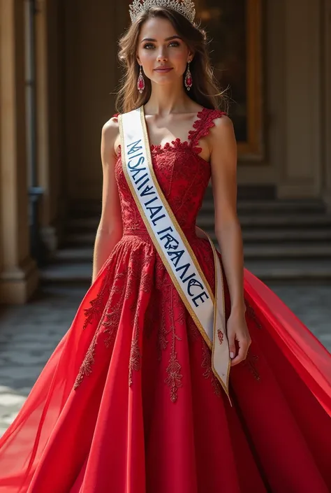 Fait moi une miss univers france avec une tenue française et l’echarpe de miss france