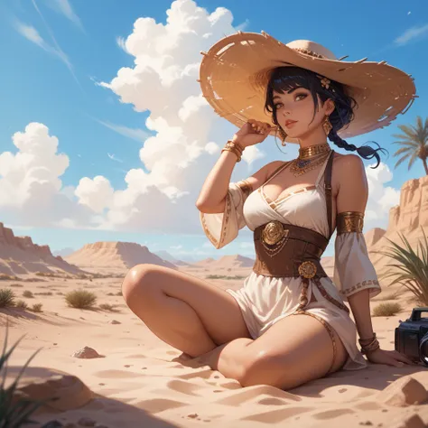 a character in a desert with large yellow dunes at night sitting on the sand looking at the sky. in the sky a large white fantasy-style structure the camera angle is at the characters waist realistic anime style