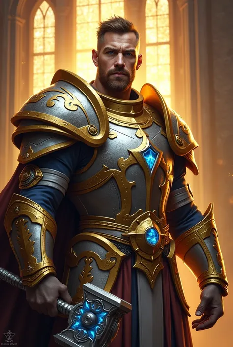 Create a hyper-realistic portrait of a human paladin from World of Warcraft, exuding nobility and divine strength. The paladin is clad in shining golden and silver armor adorned with intricate engravings of holy symbols and glowing blue runes. His face is ...