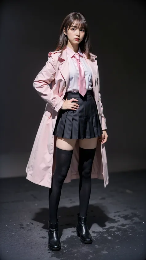 (8k、 RAW photos 、 best quality、masterpiece:1.2)、(Realistic、Realistic)、1 person、((pink long coat 、 ties、Frills、uniform、 shirt、 Black pleated mini skirt、tights、 Medium Hair 、 BLACK LONG BOOTS 、 black background、Thin legs、whole body、Stand your hands on your h...