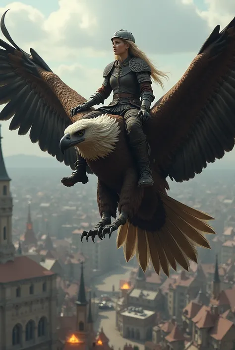 An elf female warrior wearing a chainmail hauberk with a camail and a viking spangenhelm helmet, dark trousers and horse rider leather boots. She is riding a giant eagle flying above a medieval city ravaged by war and fire.