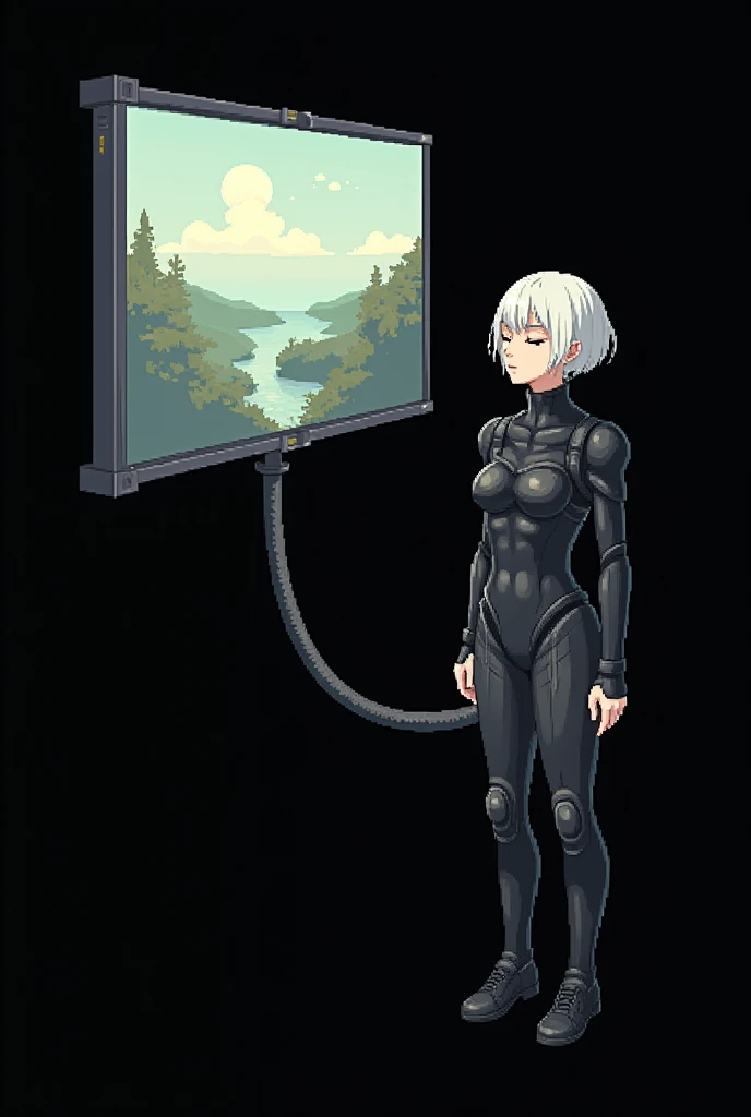 Pixelart detailed , full shot, Women,  on the right side , standing floating ,  eyes closed quiet , short white hair,  with a black suit attached to her body ,  wide black cable connected to your neck ,  above your head there is a large screen connected to...