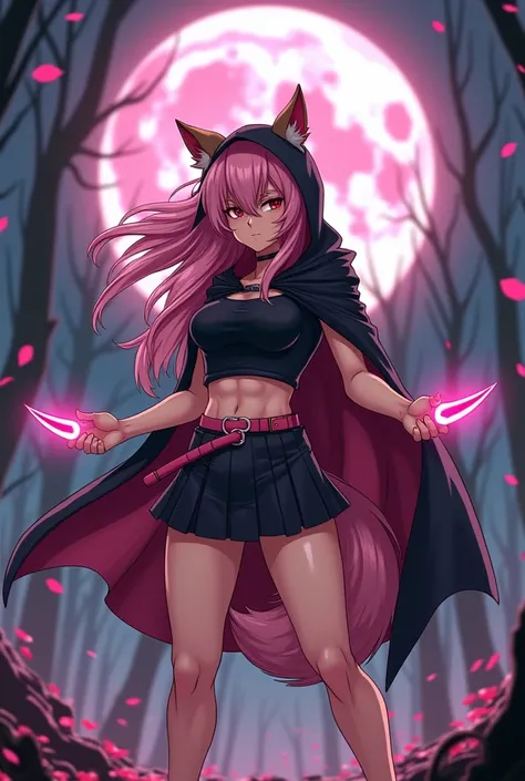 A 18 year old anime female character with style or with some cool pose vector image, large moon in the background, long pink messy hair, brown pink ears, pink wolf tail, wearing black cloak hood over head, wearing hood over head, ((Black t shirt, black ski...