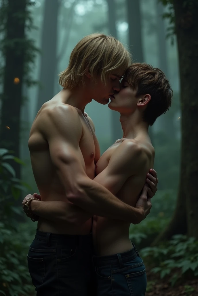  blond man, beautiful e jovem de 22 anos, medium straight hair and very muscular body kissing 17-year-old adolescent man, beautiful, low, short wavy brown hair and weak body in a realistic dark forest