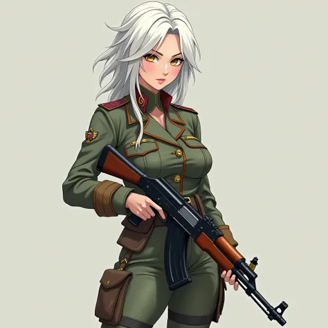 woman, beautiful, Grilled hair, White color, wearing Russian military clothing posing with an AK 47,In anime format 
