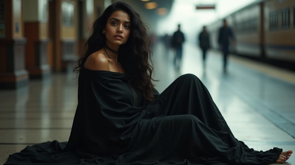 A beautiful, gorgeous Indian sexy girl is sitting on the floor of the railway station covered with a black quilt and looking at someone in surprise