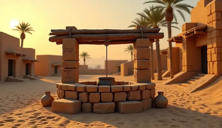  A rustic well located in an ancient Egyptian city .  The well is made of stones piled up with signs of wear ,  having a simple wooden structure above it for hold a bucket of rope . Around the well,  there are marks of frequent use on the sandy ground ,  l...