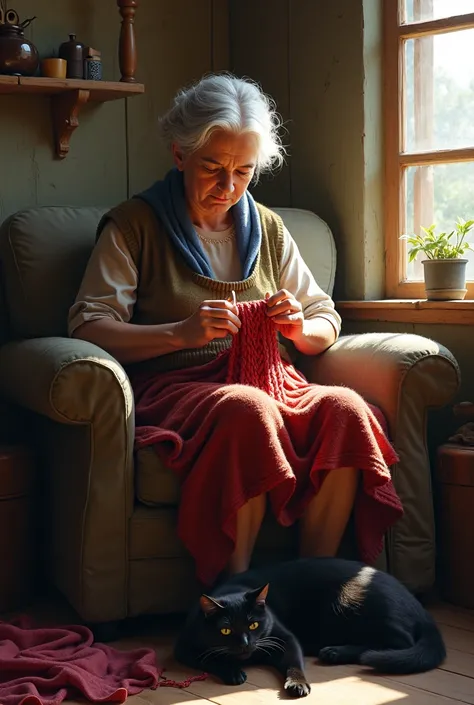 A woman from the village is knitting on an armchair and an evil black cat is sleeping nearby at her feet.