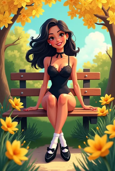 Tip: A very lovely  beautiful Mexican American woman enjoying a lovely spring outing surrounded by beautiful yellow flowers and nature.. The illustration is a high definition illustration with 4k resolution., with highly detailed facial features and cartoo...