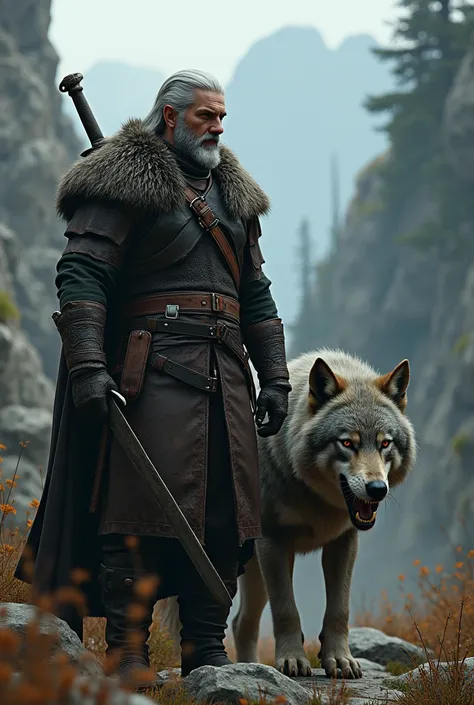 witcher with his dire wolf