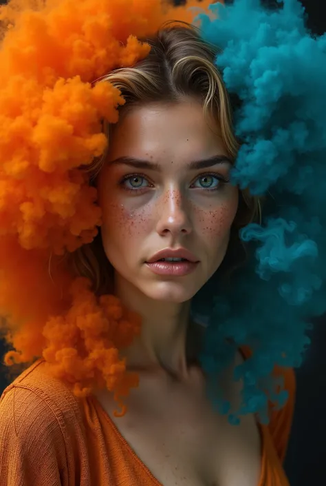 # Prompt para gerar a imagem
prompt = """
Ultra-realistic portrait of a woman with intense, vivid, and dynamic colors. Her wavy hair transitions into vibrant clouds of smoke, blending turquoise blue and fiery orange. 
The womans face is detailed with sharp...