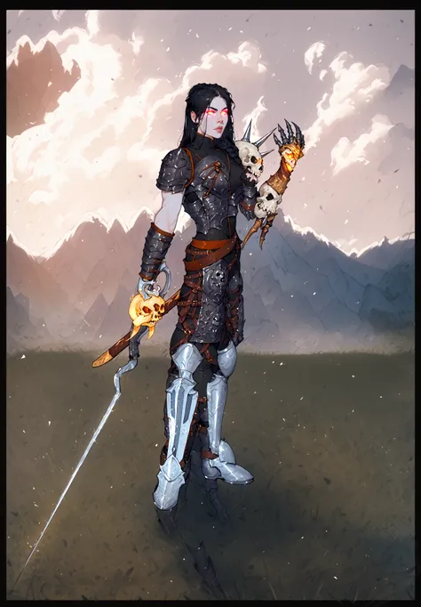 A pale skinned warrior mage wearing black leather armor, wielding a rapier with a golden skull hilt (right hand), animal skull bracer (left forearm) with glowing gauntlet (left hand), metal skull pauldron (left shoulder), glowing eyes, metal leg greaves