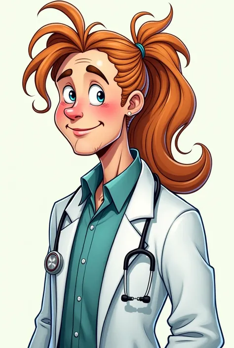 Cartoon male doctor with long wavy hair and all his hair tied back