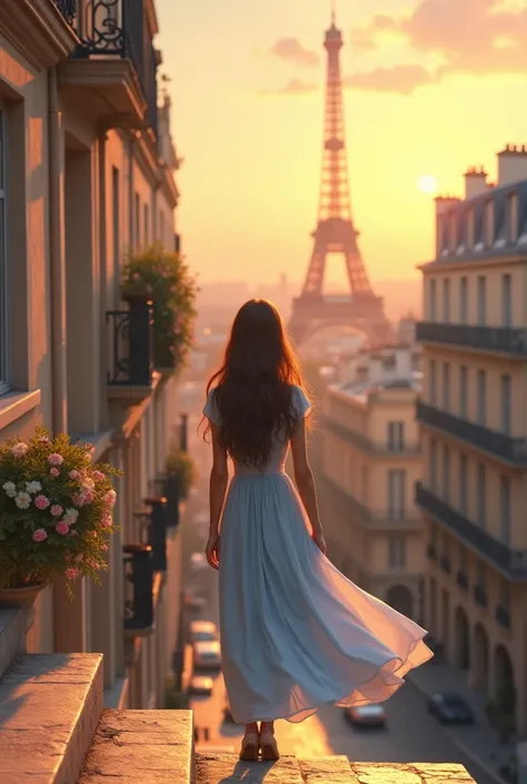 [id819674722|Анатолий], это 7:

A romantic scene of a woman in a light blue, flowing dress standing on stone steps overlooking a quiet Parisian street at sunset. The Eiffel Tower is visible in the distance. The surrounding buildings have classic Parisian a...