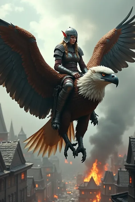 An elf female warrior wearing a chainmail hauberk with a chainmail hood and a viking helmet with a nasal, dark trousers and horse rider leather boots. She is riding a huge giant eagle flying above a medieval city ravaged by war and fire.