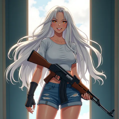 woman, beautiful, Grilled hair, White color, in school clothes posing with an AK 47,In anime format, with a mischievous smile,  with muscles 
