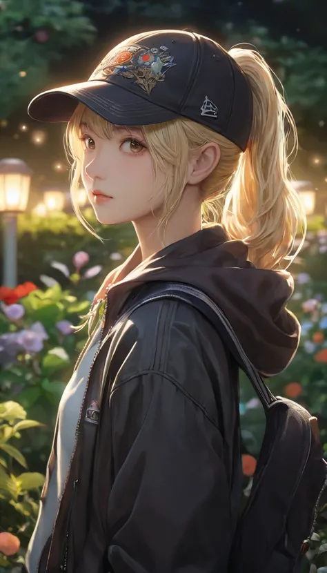 , a girl ,  Terry Bogard Girl , Blonde girl, Ponytail,  brown eyes, Black baseball cap, Eyes Focus, Korean Jackets,Beautiful garden background  (8k), ( top quality ), ( masterpiece:1.2), ( Lots of detail ), (Fine grain:1.2), ( detailed face:1.2), ( Realism...