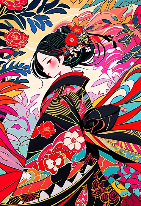 {worst quality, low-quality}, A vibrant and colorful illustration of an anime-style female geisha character with black hair, She wears a traditional Japanese costume decorated with camellia, and the background is full of colorful patterns represents the de...