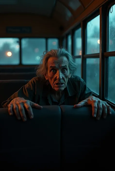 Generate an image of a scared old teacher , with wrinkles, desperate,  inside a school bus at night with a dark background 