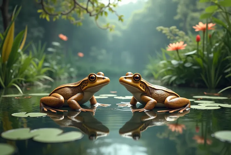 Two frogs lived near a beautiful pond