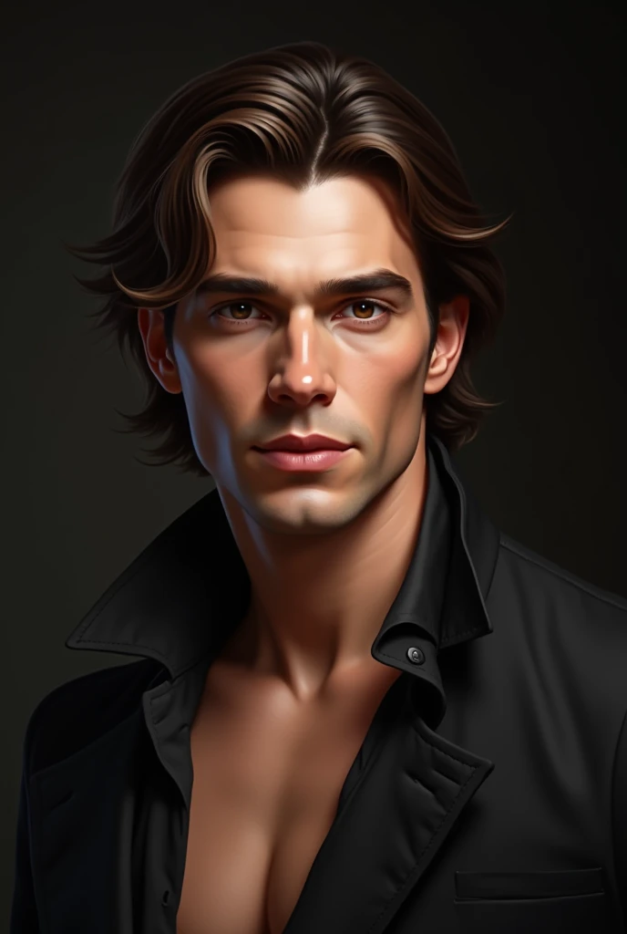 REALISTIC brown medium dark medium-long hair elegant and sexy man brown eyes black background