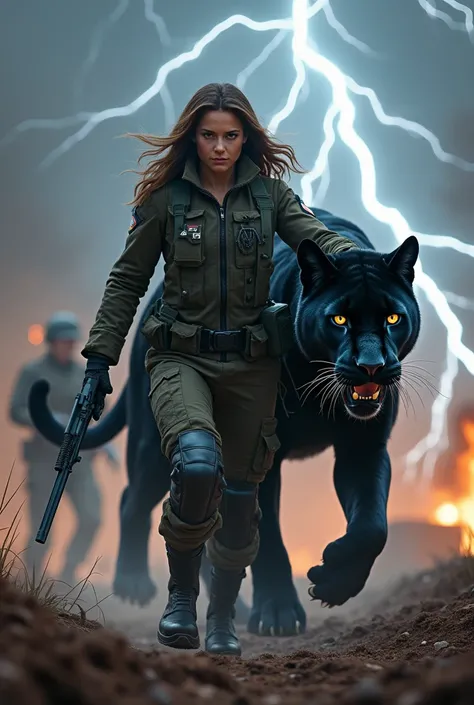 Woman,  American military commando walking , with a big black panther ,  with demonic eyes on a battlefield with lightning