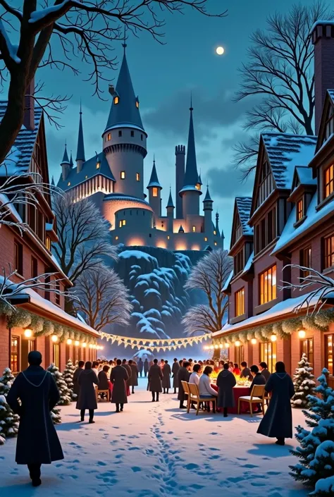  On a cold winter evening, ,  when snowflakes swirl quietly in the air ,  Hogwarts comes before your eyes like a magic castle ,  shrouded in a fabulous atmosphere .  Huge towers and high spires ,  snow-white ,  sparkle under the bright lights ,  students o...