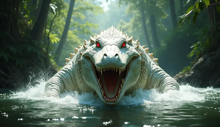 ((ultra-realistic photo)) A massive, menacing white crocodile with a terrifying presence swims powerfully in the swift-flowing river of a dense jungle. Its large, muscular body glistens under the bright sunlight, the pale white skin contrasting with the de...