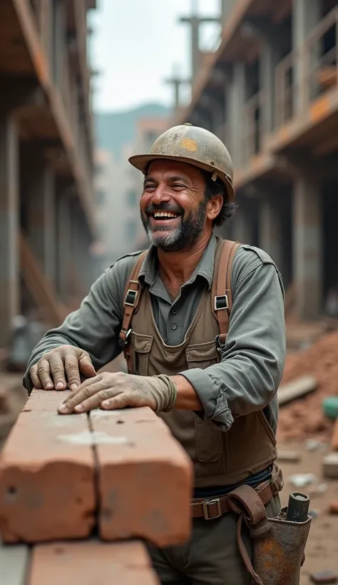 I create a photo of Pedro The bricklayer using The ugly beam laughing