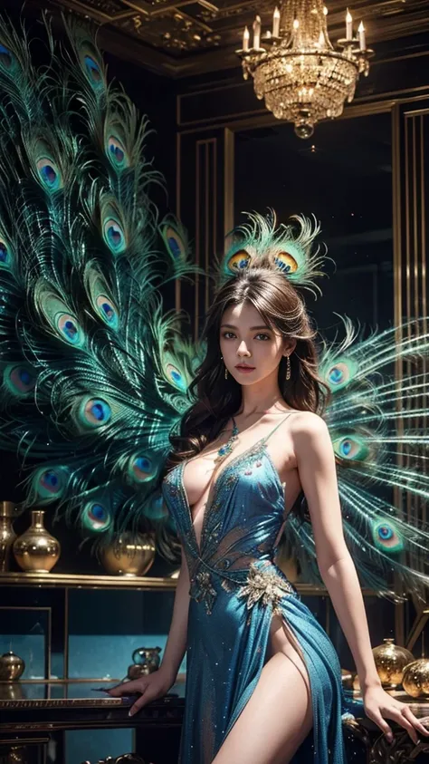 4K, UHD, masterpiece, 1 girl, good face, detailed eyes, very long hair, messy hair ((peacock dress)), ((blue dress)), bare waist, navel, ((peacock wings)), ((ornaments)), butterfly, unreal creative art, ultra detailed, details, ultimate details, amazing ma...